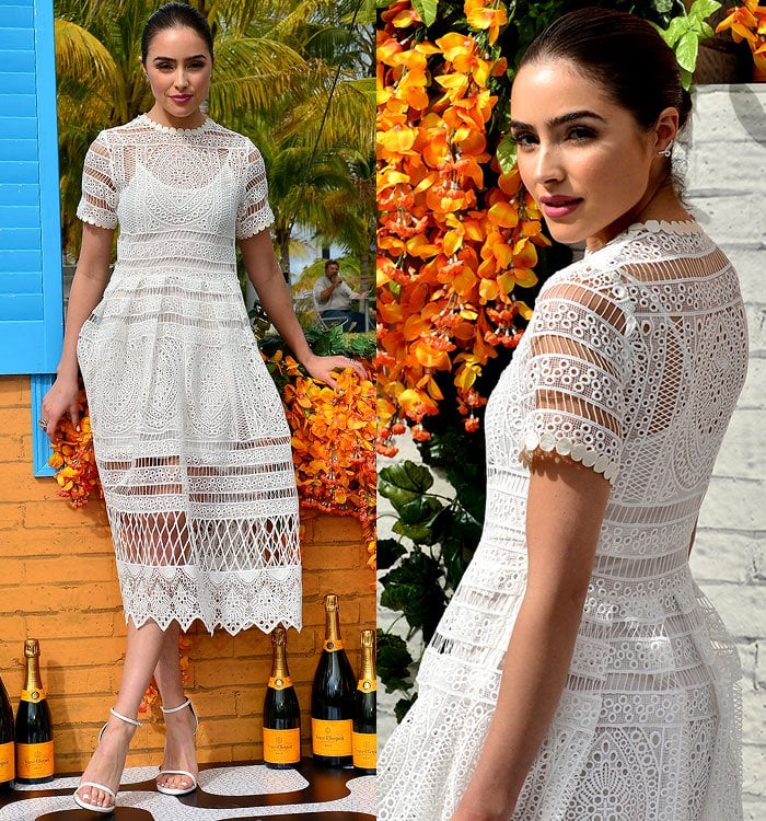 A closer beauty and fabric moment captures Olivia Culpo’s sleek bun and the delicate craftsmanship of her geometric lace detailing