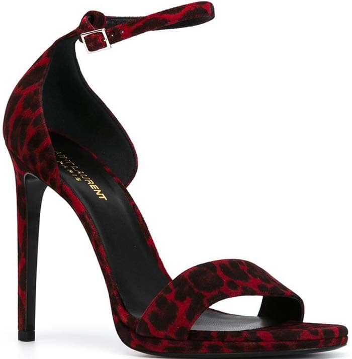 Saint Laurent “Jane” leopard calf-hair ankle-strap sandals originally retailed for $895, featuring the brand’s signature minimalist two-strap silhouette and a leg-lengthening stiletto heel