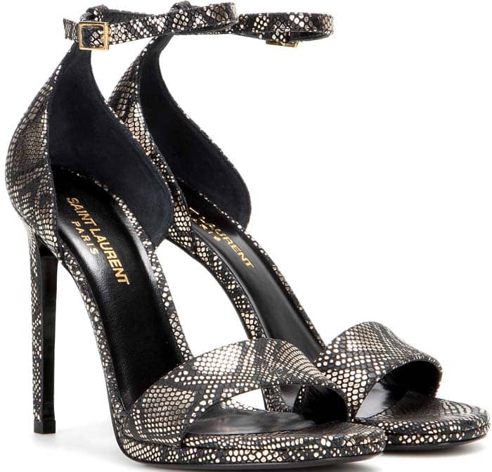 Saint Laurent “Jane” printed metallic leather ankle-strap sandals originally retailed for $895, showcasing the brand’s signature minimalist two-strap silhouette and slender stiletto heel