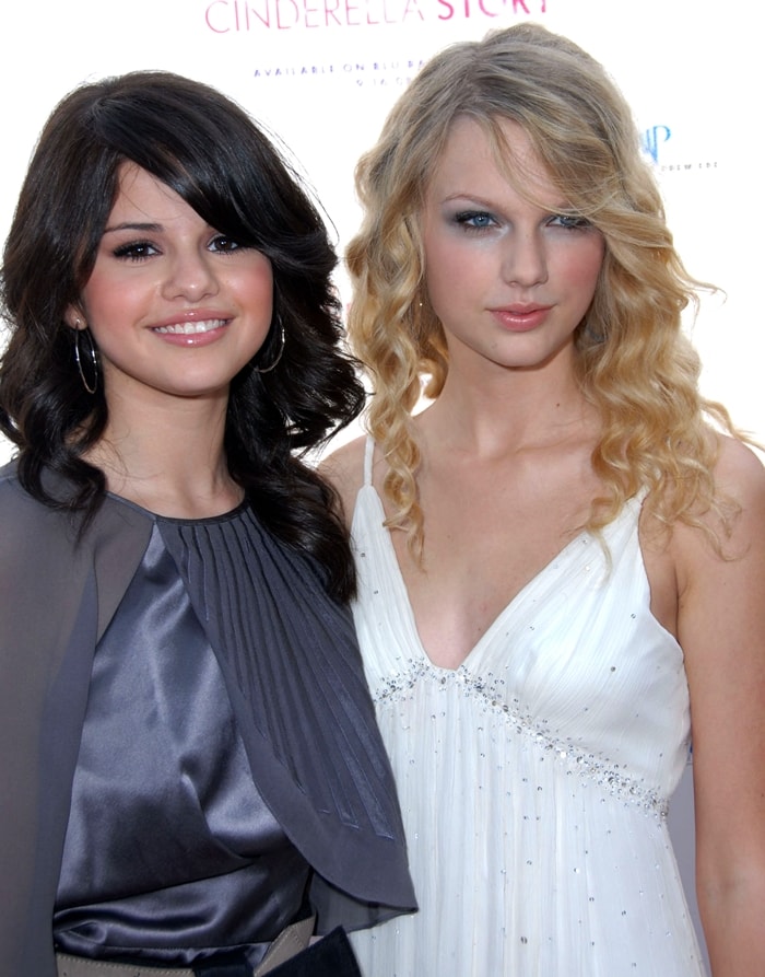 Taylor Swift and Selena Gomez dazzle at the premiere of Another Cinderella Story on September 14, 2008—Taylor stuns in a white beaded gown, while Selena opts for a sleek satin dress with pleated detailing