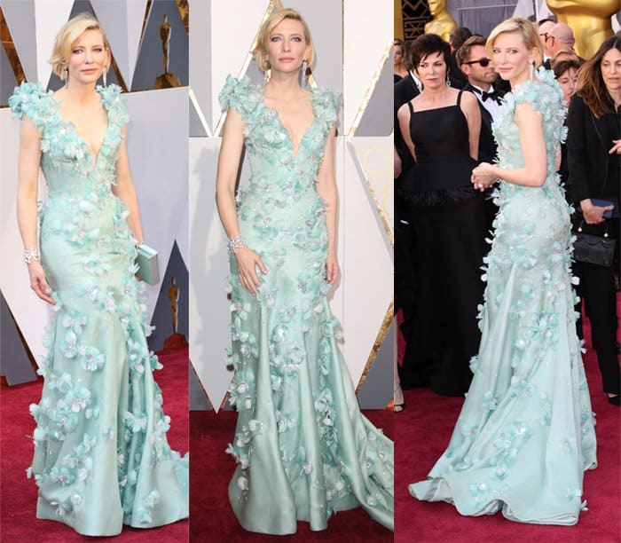 Cate Blanchett donned a floor-length Armani Privè gown, adorned with shimmering crystals and delicate pink and teal flowers, at the 88th Annual Academy Awards