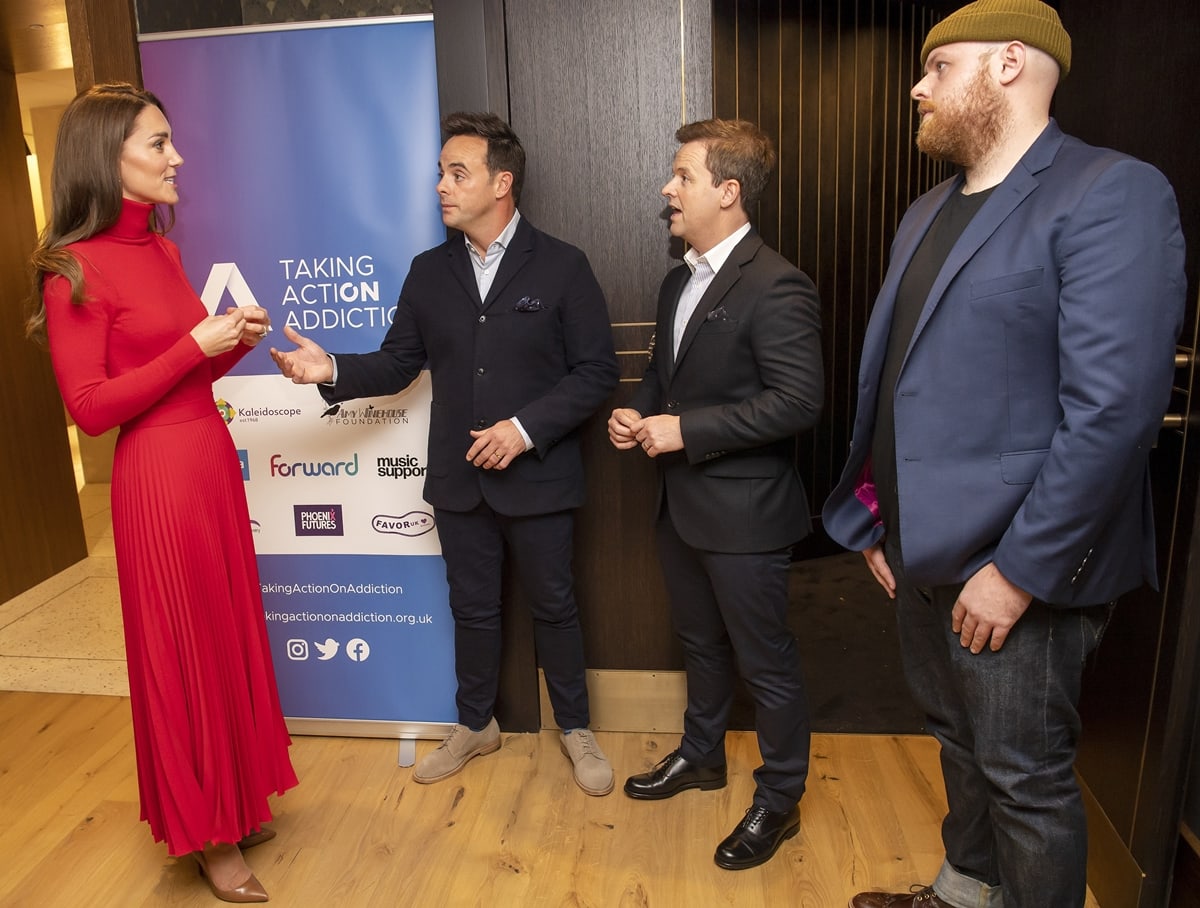 Catherine, Duchess of Cambridge discusses addiction with Ant McPartlin, Declan Donnelly, and Tom Walker prior to making her keynote speech