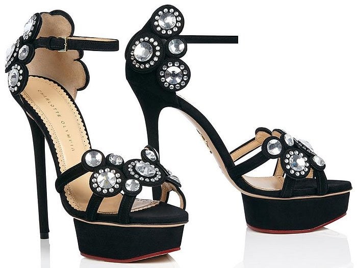Originally retailing for $1,895, Charlotte Olympia’s “Precious” sandals paired dramatic stiletto heels and platform soles with ornate crystal embellishment