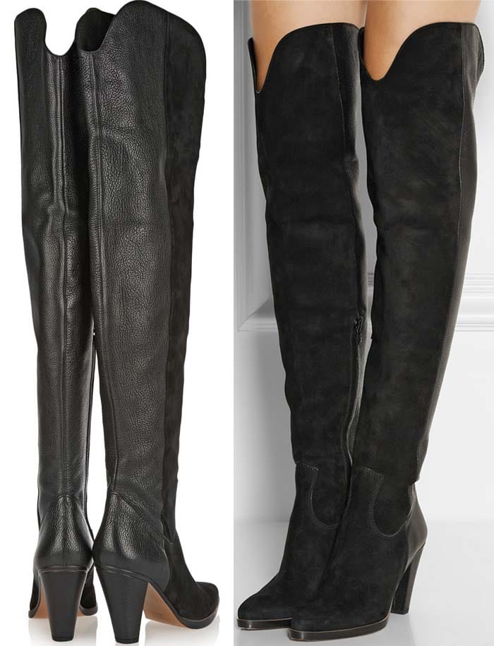 Chloé suede and textured-leather over-the-knee boots featuring a sculpted block heel, almond toe, and softly contoured shaft for a sleek yet wearable silhouette