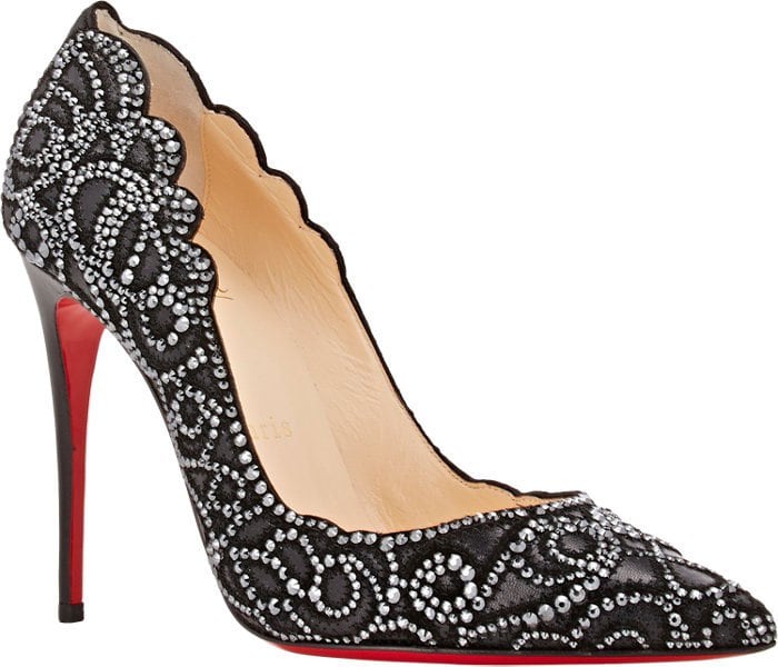 The black Christian Louboutin “Top Vague” pump combines sheer mesh, laser-cut leather, and Hematite-toned crystals for a jewelry-like evening finish