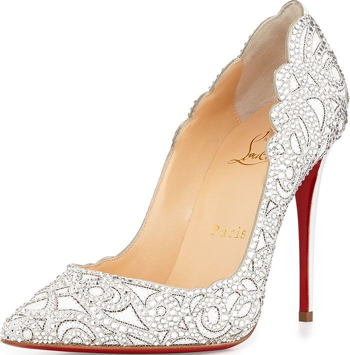 The ivory crystal version of Christian Louboutin’s “Top Vague” highlights the shoe’s wave-inspired cutouts and signature red lacquered sole