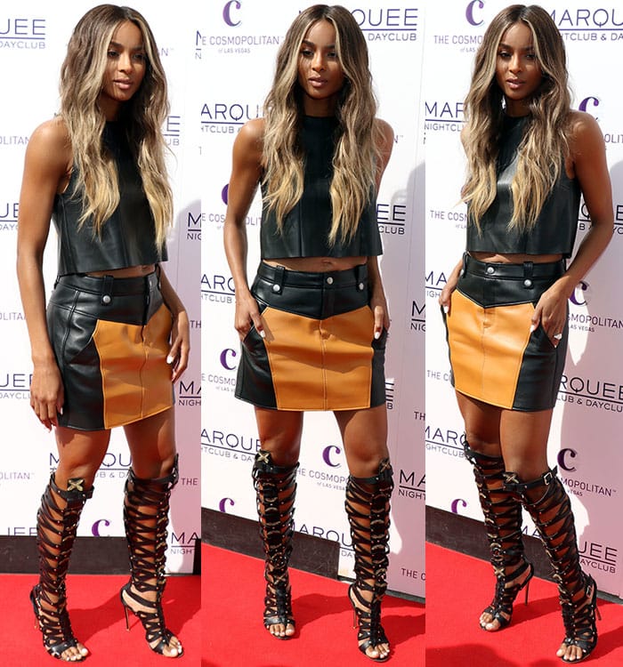 Ciara’s color-blocked leather mini skirt and cropped top create a sculpted silhouette, perfectly anchored by her statement gladiator heels