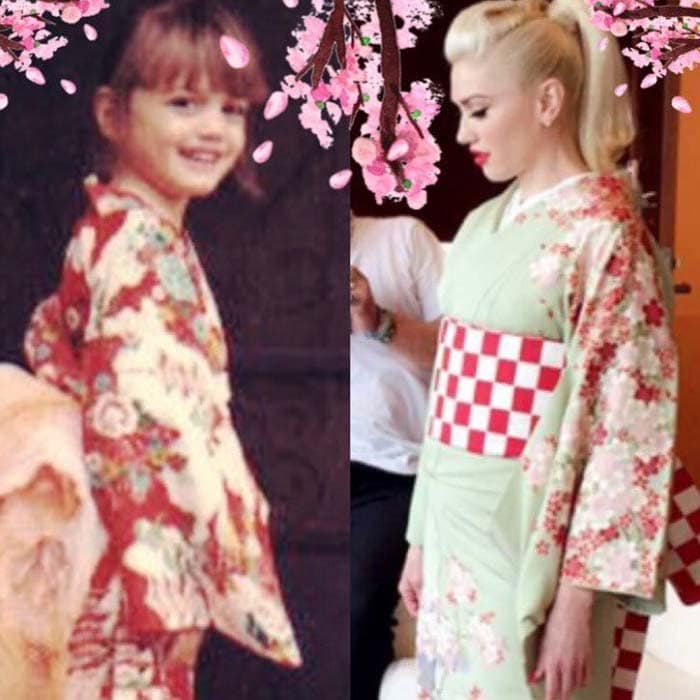 A side-by-side throwback shows Gwen Stefani embracing her love of Japanese style from childhood to adulthood, wearing a floral kimono both as a young girl and decades later with polished, stage-ready elegance