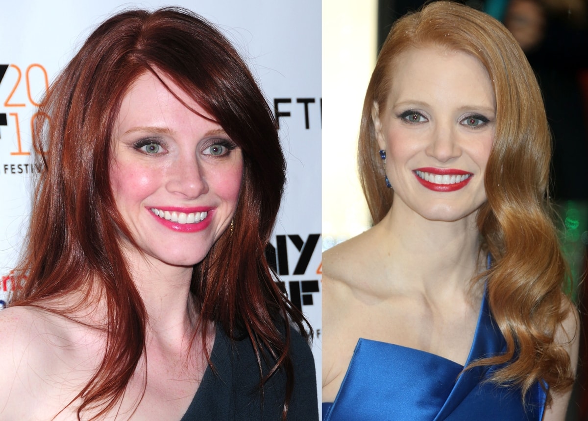 Side-by-side portraits of Bryce Dallas Howard (left) and Jessica Chastain (right), whose striking resemblance has fueled years of Hollywood look-alike comparisons