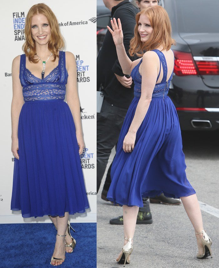 Jessica Chastain coordinated her cobalt Elie Saab dress with the blue carpet, finishing the look with metallic ankle-strap heels that added contrast and height without overpowering the gown