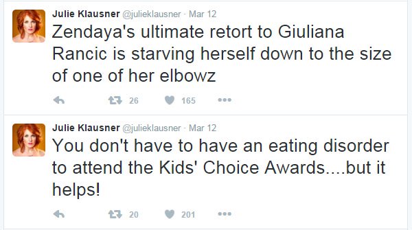 Julie Klausner’s tweets criticizing Zendaya’s slim figure sparked the body-shaming controversy that followed the 2016 Kids’ Choice Awards