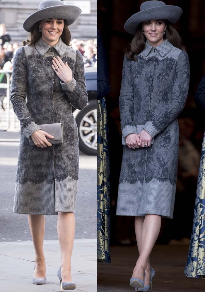 Kate Middleton paired an Erdem jacquard coat with a John Boyd hat at Westminster Abbey, finishing the polished look with gray suede Rupert Sanderson “Winona” pumps