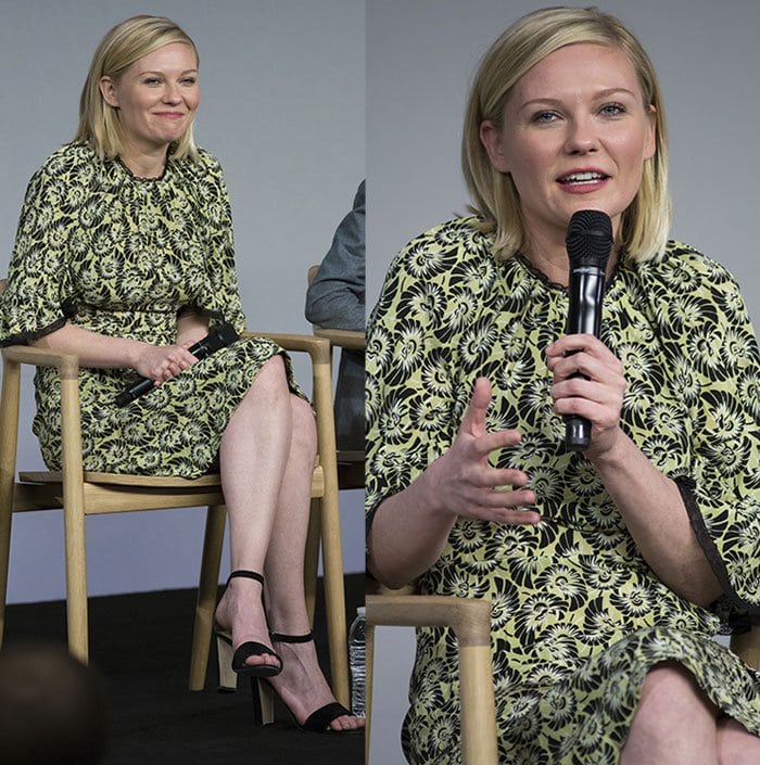 Kirsten Dunst radiates in a lime-green patterned dress paired with chic black ankle-strap sandals during her appearance at an Apple Store event to promote Midnight Special