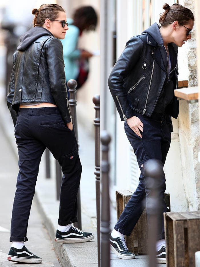 Kristen Stewart styled her leather jacket with cropped skinny Mother jeans constructed from soft stretch black denim with tonal hardware
