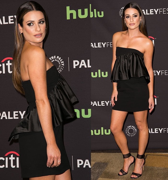 The asymmetrical satin ruffle transforms Lea Michele's understated black Jill Stuart mini into a modern evening look while keeping the silhouette clean and streamlined