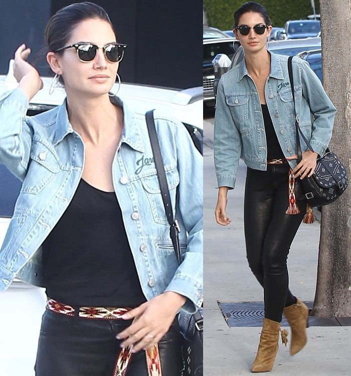 Lily Aldridge wears an Isabel Marant denim jacket, Paige tank top, and J Brand leather pants