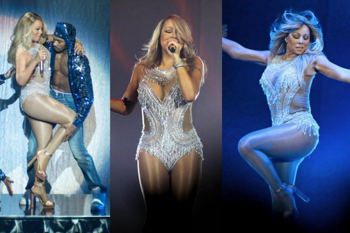Mariah Carey stuns in a dazzling, crystal-embellished bodysuit paired with sky-high rose gold platform sandals during her 'Sweet Sweet Fantasy' tour performance
