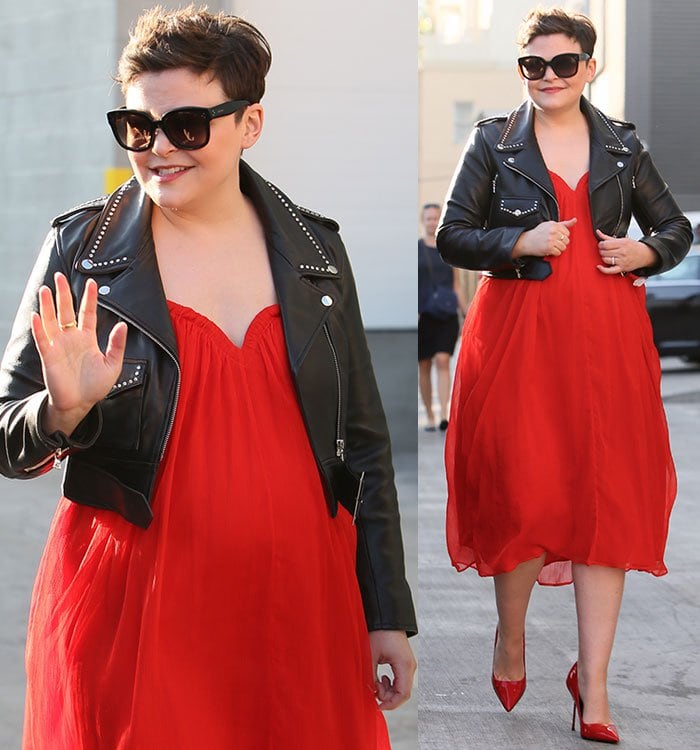 Ginnifer Goodwin arriving at the ABC studios for Jimmy Kimmel Live in a floaty red dress with a sweetheart neckline on February 29, 2016