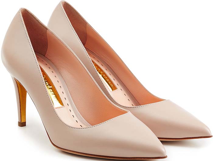 Rupert Sanderson’s “Yves” pumps come in soft blush leather with a sleek pointed toe and a gracefully curved high heel