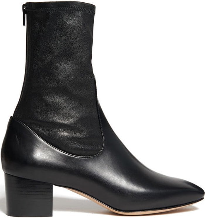 Sandro “Amele” Black Leather Ankle Boots — a sleek Parisian design featuring a pointed toe, mid-block heel, and fitted shaft