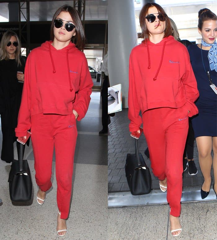 Selena Gomez in Vetements cut-out cuff track pants with white sandals