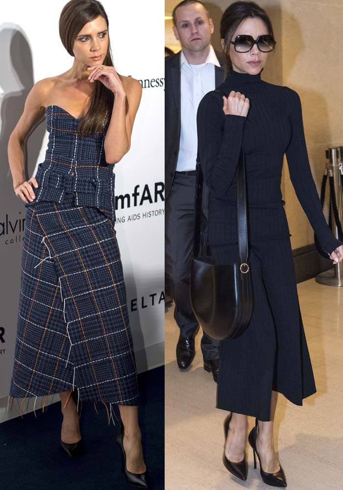 Best brand ambassador: Victoria Beckham slips into two of her brand's creations for her Hong Kong trip