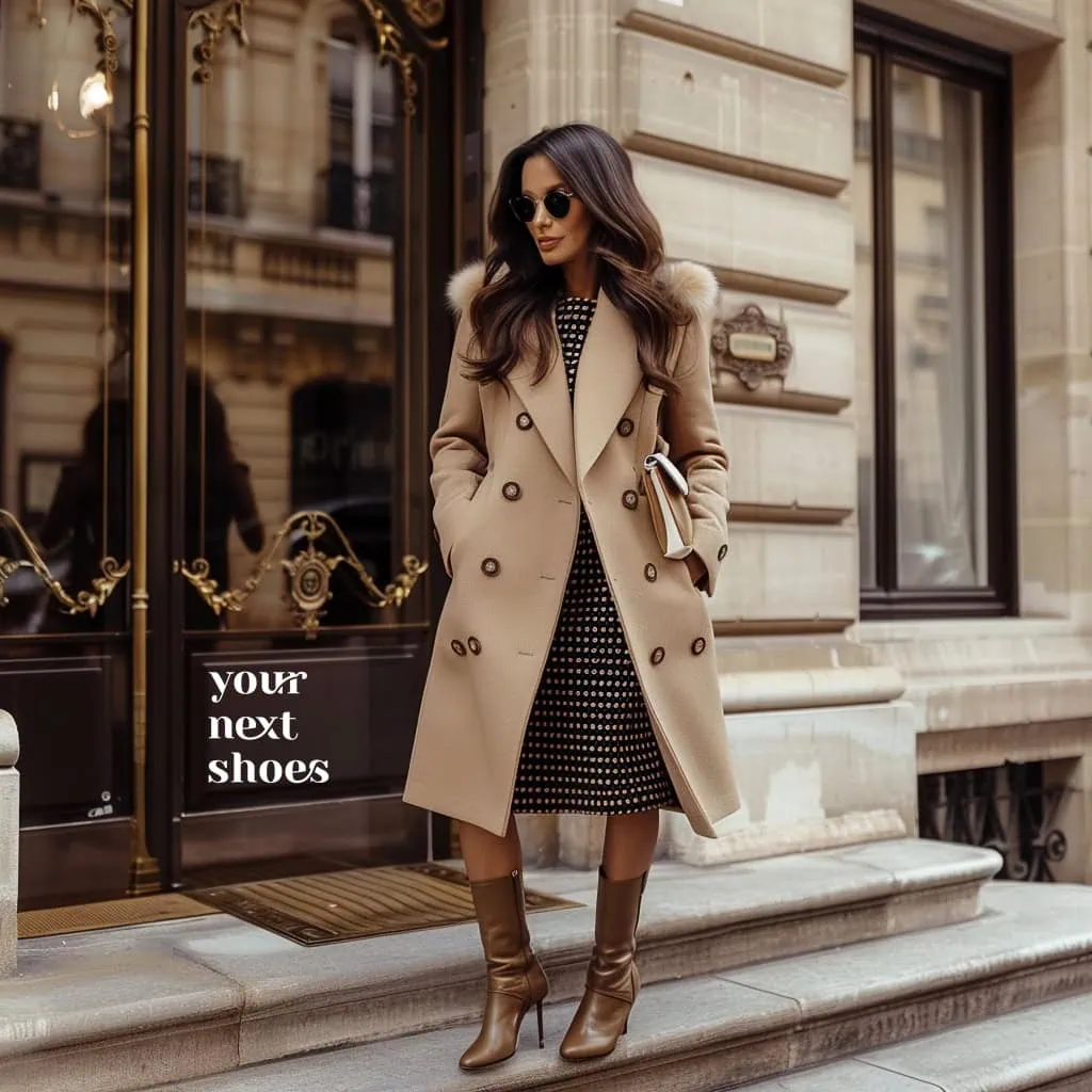 A model wears a chic beige coat over a polka dot dress, styled with sleek ankle boots, outside an elegant Parisian hotel