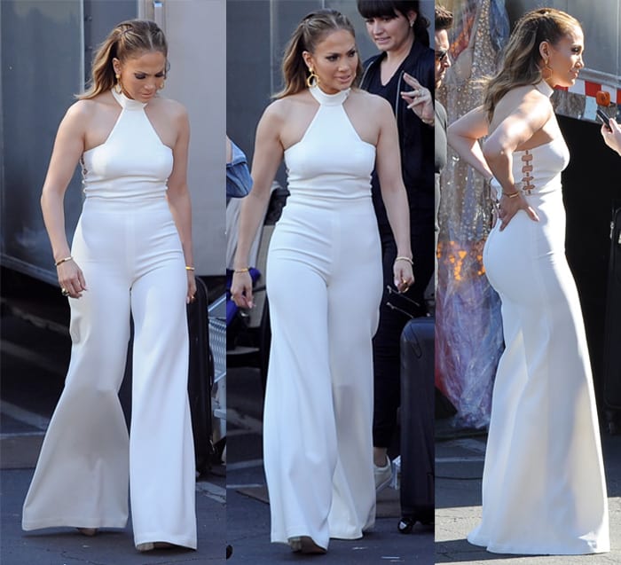 Jennifer Lopez is seen backstage wearing vintage bell bottoms for the “American Idol” final four in Los Angeles on March 31, 2016