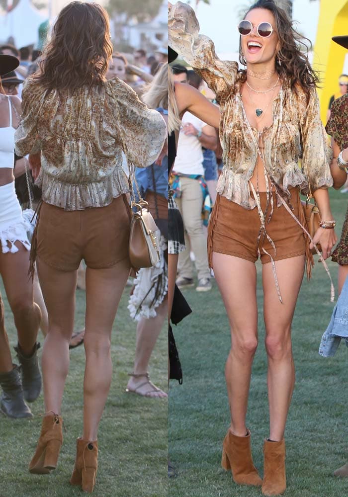 Alessandra Ambrosio embraces boho festival style at Coachella in a sheer printed blouse and fringe-trim suede shorts, finished with tan ankle boots built for all-day dancing
