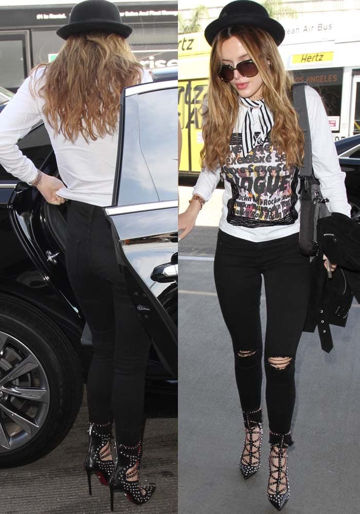 Bella Thorne makes a bold fashion statement at LAX, pairing studded Cesare Paciotti "Star" pumps with ripped black jeans and a graphic tee under a bowler hat