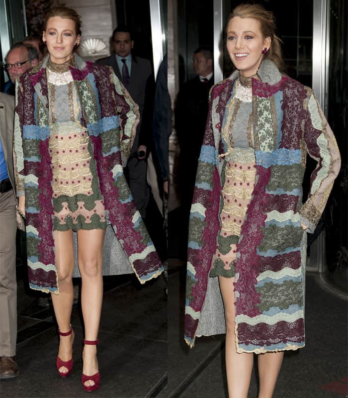 Blake Lively embraces high-fashion artistry in a patchwork lace coat and matching mini dress from Valentino’s Fall 2015 collection, styled with rich burgundy sandals and Lorraine Schwartz jewelry for her appearance at the Apple Store SoHo “Meet the Filmmaker” event on April 22, 2015, in New York City