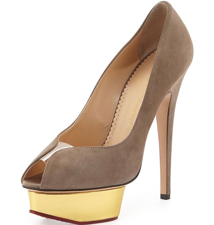 Suede and metallic leather “Daphne” island-platform pumps by Charlotte Olympia, featuring a sculpted peep toe, signature gold platform base, and sky-high stiletto heel — originally retailing for $795
