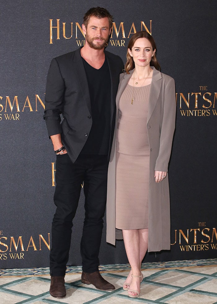 Despite wearing heels, Emily Blunt appears petite beside her towering co-star Chris Hemsworth, whose 6ft 3 frame easily eclipses her 5ft 6½ stature