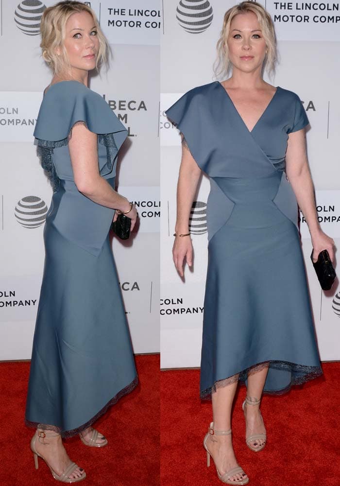 Christina Applegate stuns in a blue-gray asymmetrical dress paired with nude sandals
