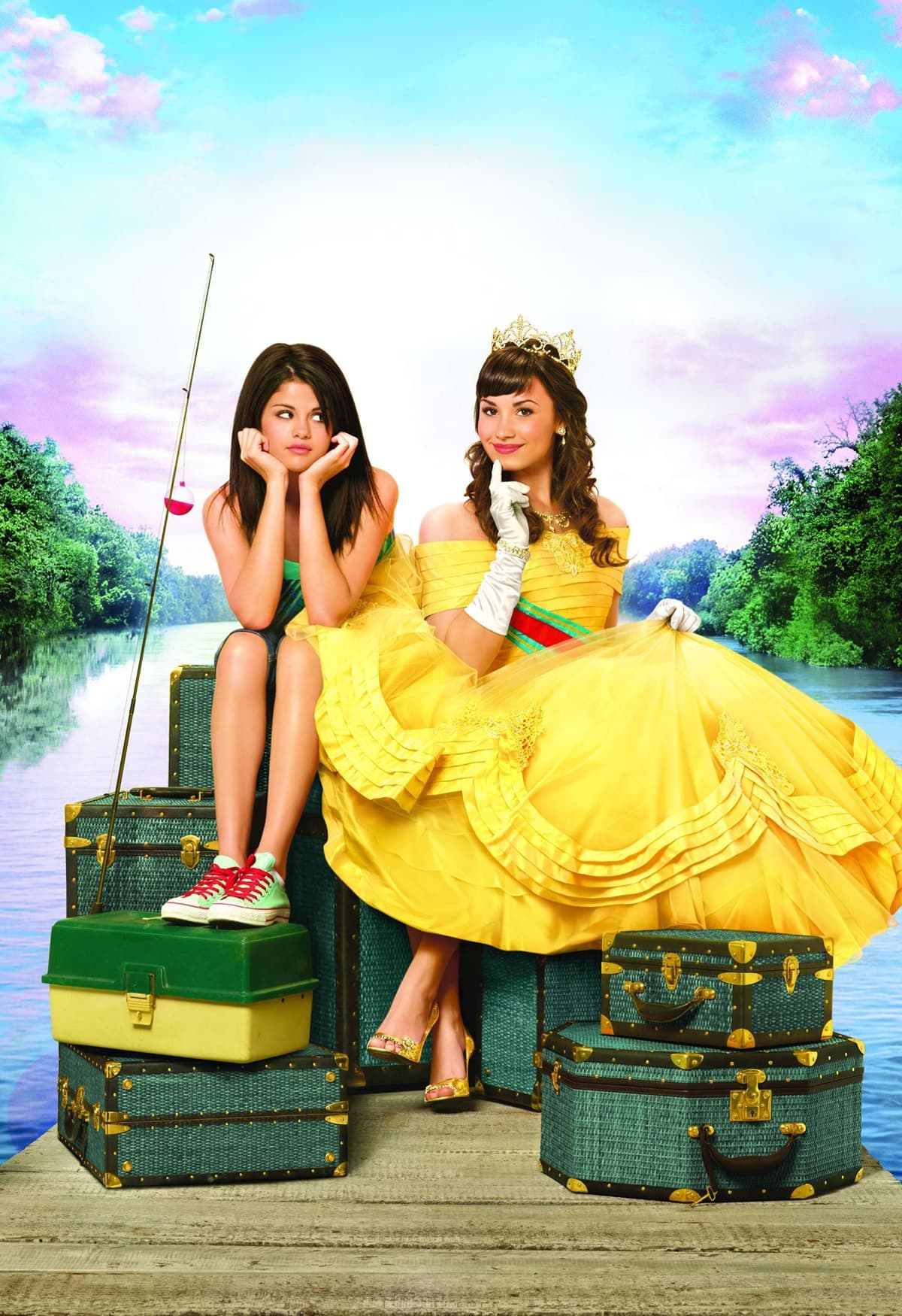 Selena Gomez and Demi Lovato, both 16 at the time, strike a contrast in their Princess Protection Program roles—Gomez in casual sneakers and a green dress, Lovato in a golden ballgown and sparkling heels, highlighting the film’s royal-versus-regular-girl theme