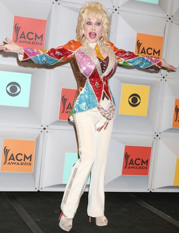 Dolly Parton pairs her colorful sequined jacket with sky-high Christian Louboutin heels at the 2016 Academy of Country Music Awards