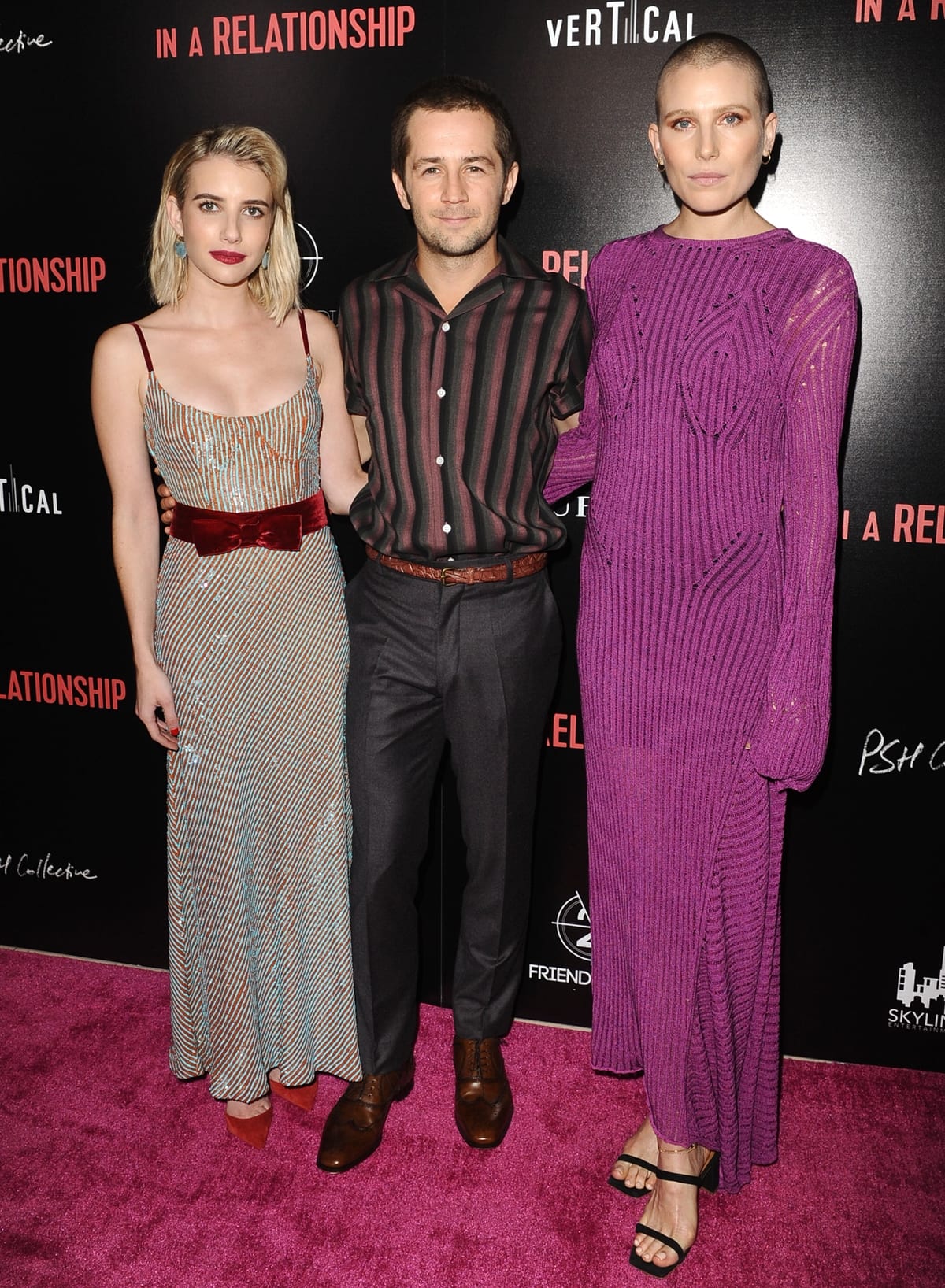 Emma Roberts stuns in a custom sequin Markarian corset dress, styled with Christian Louboutin Uptown pumps, alongside Michael Angarano and Dree Hemingway at the In a Relationship premiere in West Hollywood