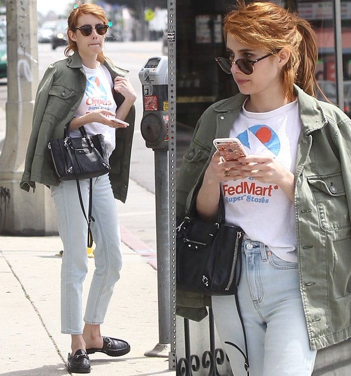 Emma Roberts wears Ray-Ban sunglasses and an American Eagle jacket out to a hair appointment
