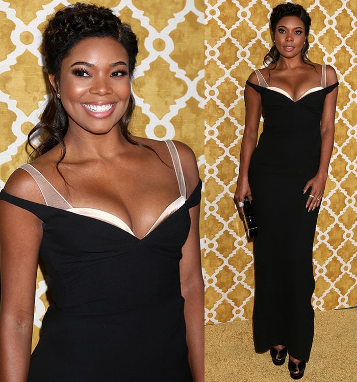 Against a patterned backdrop, Union’s streamlined black column dress and minimalist styling highlight the dramatic lift created beneath the hemline