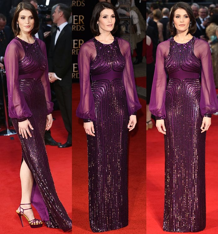 Gemma Arterton brings Old Hollywood glamour to the 2016 Olivier Awards in a richly embellished plum Jenny Packham gown with sheer bishop sleeves and a floor-skimming silhouette