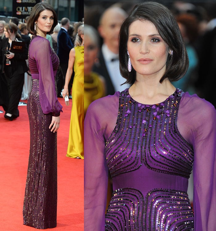 A close look at Jenny Packham’s intricate craftsmanship reveals shimmering sequins, beadwork, and sheer sleeves that transformed Gemma Arterton’s rich purple gown into a red-carpet standout at the Olivier Awards