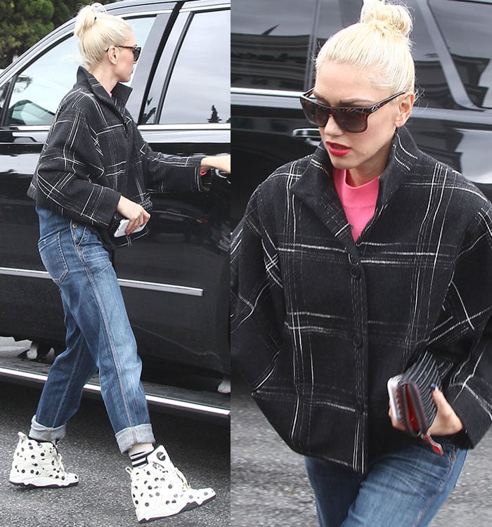 Gwen Stefani cuffed her relaxed blue jeans to spotlight her limited-edition Melody Ehsani x Reebok polka-dot wedge sneakers while stepping out for a casual shopping trip in Los Angeles