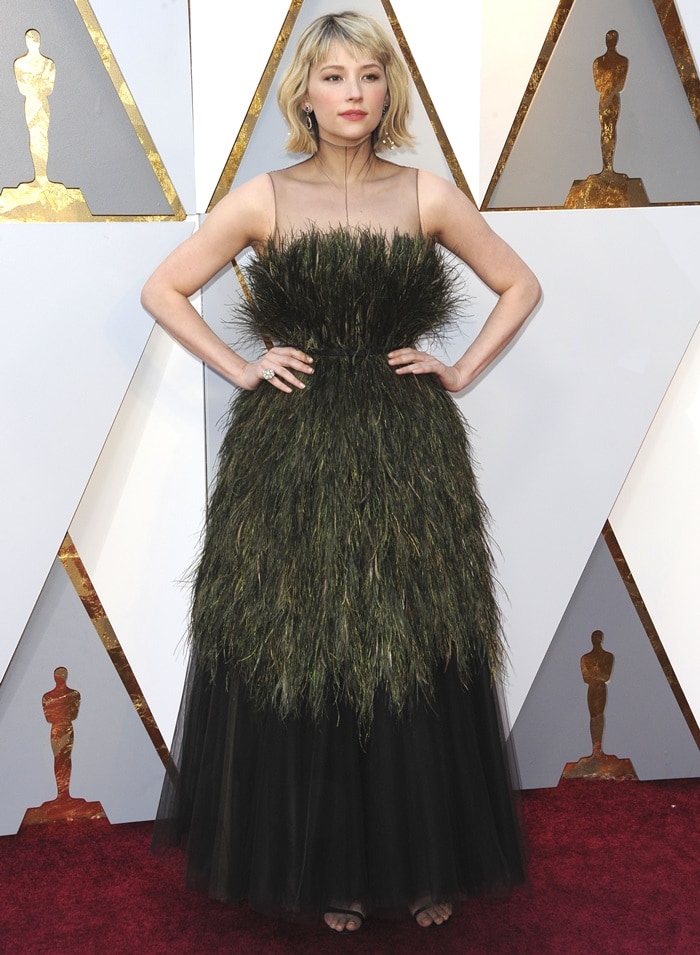 Haley Bennett in a grass-embellished Christian Dior Spring 2018 Couture dress at the 2018 Oscars at the Hollywood Highland Center in Hollywood, California, on March 4, 2018
