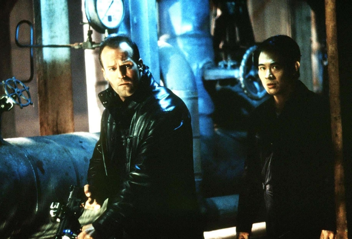 Jet Li as Gabriel Yulaw and Jason Statham as Evan Funsch in the 2001 American science fiction action film The One