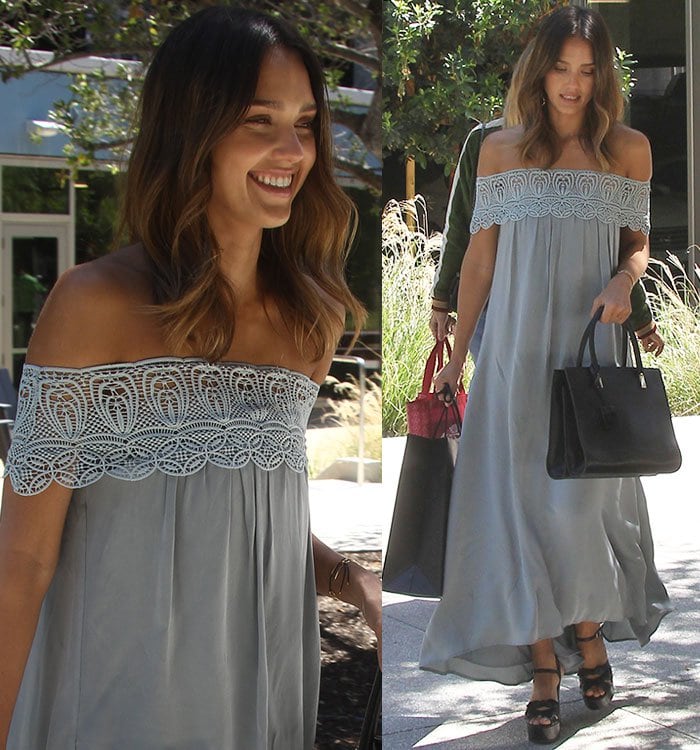 A closer look at Alba’s lace-trimmed off-the-shoulder neckline highlights the feminine craftsmanship of her Self-Portrait maxi dress