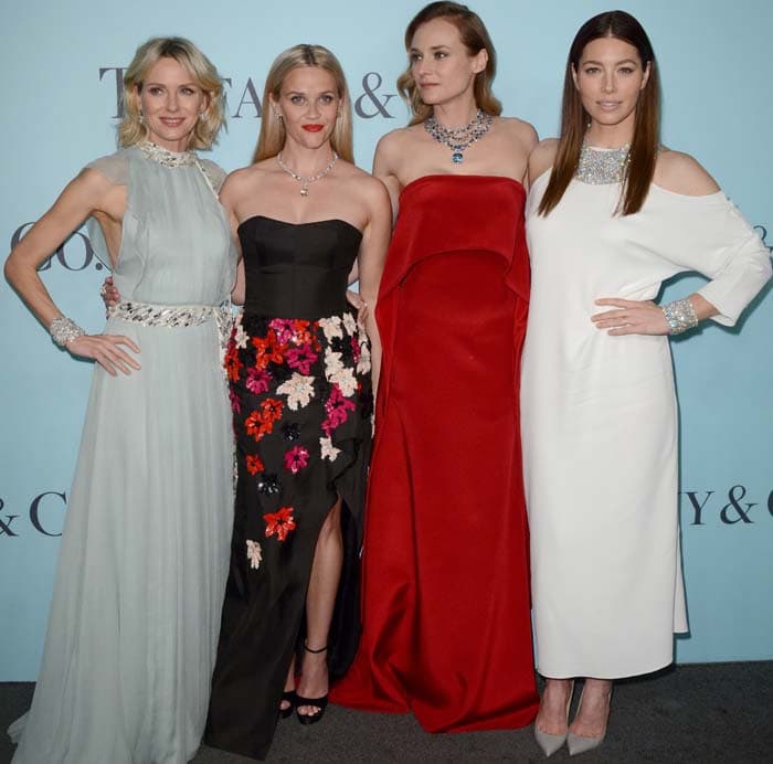 Jessica Biel poses with Reese Witherspoon, Diane Kruger, and Naomi Watts at the Tiffany Co. Blue Book Gala, each showcasing glamorous gowns paired with statement heels and sparkling diamond jewelry