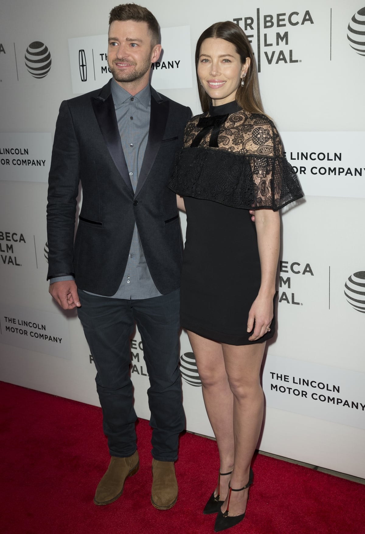 Jessica Biel wears a Self-Portrait Pre-Fall 2016 lace mini dress with black ankle-strap pumps as she attends The Devil and the Deep Blue Sea after-party with Justin Timberlake during the Tribeca Film Festival