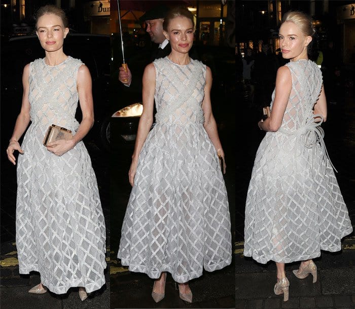 Kate Bosworth dazzles in a delicate, sheer white dress with intricate lattice detailing, exuding ethereal elegance as she steps out into the night