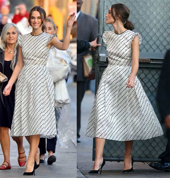 Keira Knightley radiates classic charm in a polka-dot tea-length dress, perfectly paired with black pumps, as she steps out in Los Angeles