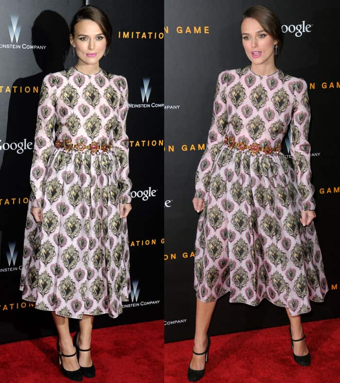 Keira Knightley captivates in a printed tea-length dress with intricate patterns and a cinched waist, effortlessly combining vintage elegance with modern flair at the premiere of 'The Imitation Game'